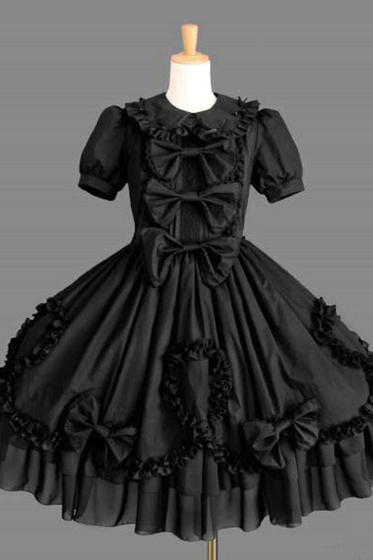 Black Cotton Lapel Collar Short Sleeves Bowknot Ruffled Multi-Layer Gothic Lolita Dress
