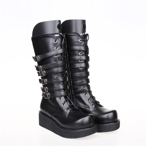Black Leather Belt Buckle Lace Up High Lolita Boots