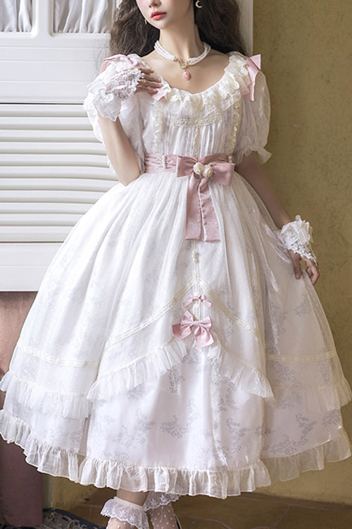 White Lace Ruffled Round Collar Short Sleeves Long Hanayome Sweet Lolita Dress