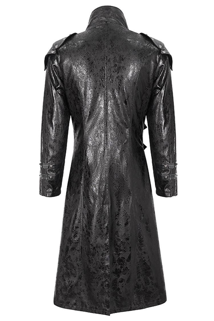 Black Stand Collar Multi Buckle Faux Long Leather Men's Punk Coat