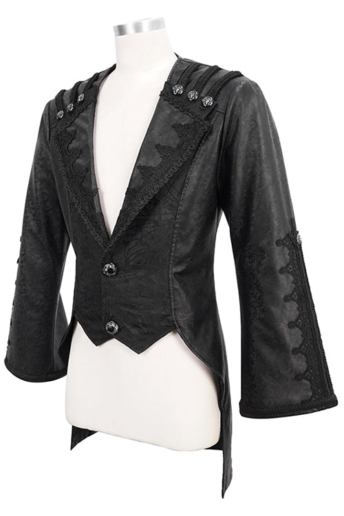Black V Collar Wide Sleeves Swallowtail Fitted Leather Mens Gothic Coat
