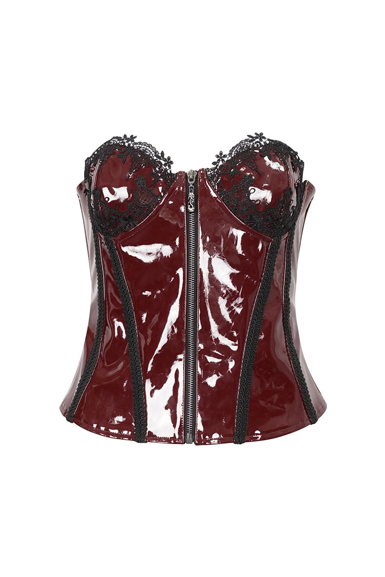 Red Lace Splice Patent Leather Women's Punk Overbust Corset