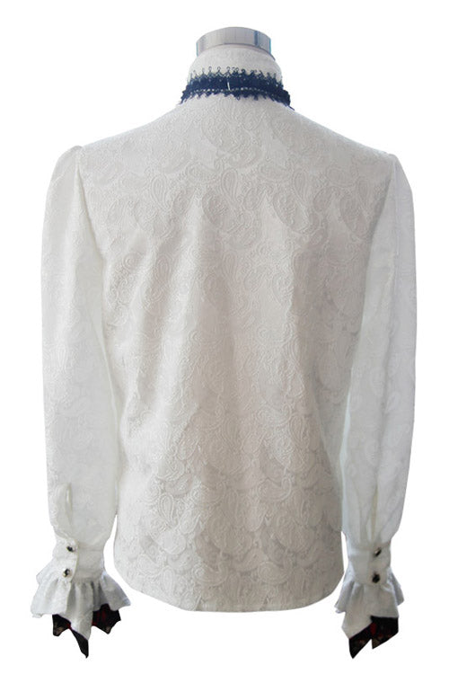 White Shining Rose Print Lace Cuff Mens Gothic Blouse