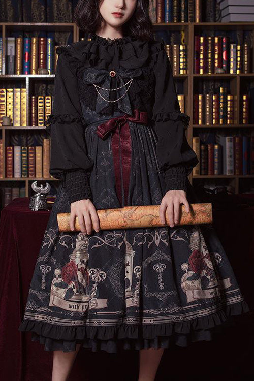 Schwarzes, trägerloses Gothic-Lolita-JSK-Kleid mit Nachtigall-Rosen-Print und Schleife