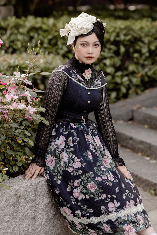 Black Elegant Vintage French Rose Floral Print V Collar Sleeveless Ruffled Classic Lolita JSK Dress