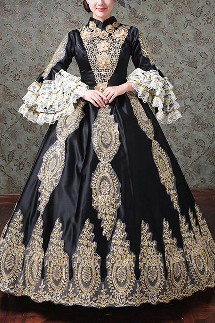 Multi-Layer Half Sleeves Trumpet Sleeves High Waisted Hollow Embroidery Print Victorian Lolita Prom Dress