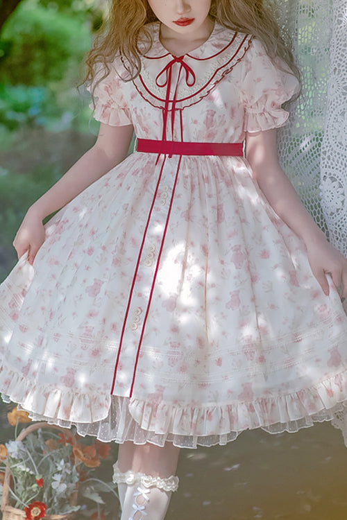 Pink Cute Bear Print Doll Collar Ruffled Short Sleeves High Waisted Sweet Lolita Dress