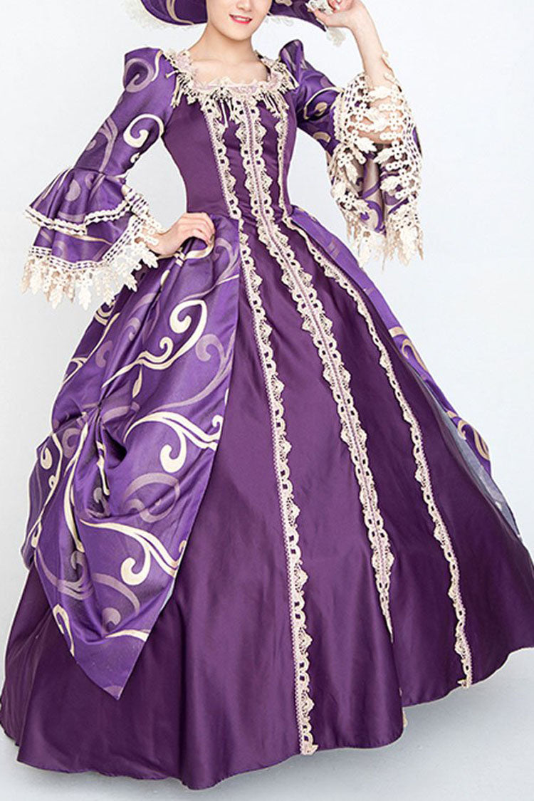 Purple Half Sleeves Trumpet Sleeves High Waisted Print Victorian Lolita Prom Dress