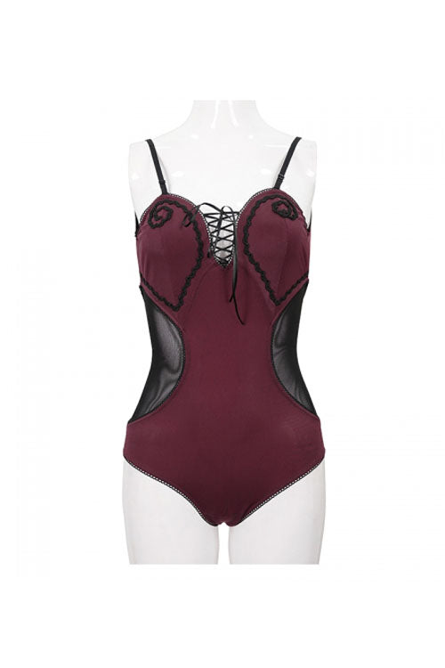 Wine Red Waist Splice Mesh Lace Up Gothic One Piece Swimsuit
