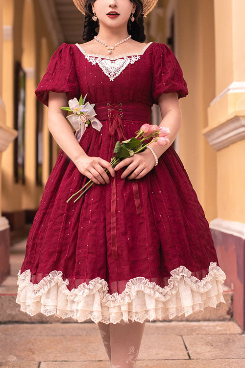 Weinrotes, elegantes, klassisches Lolita-OP-Kleid mit eckigem Kragen und kurzen Ärmeln, mehrlagig, mit Rüschen
