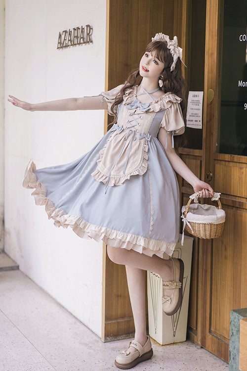Round Collar Puff Doll Short Sleeves High Waist Bowknot Sweet Lolita Op Dress