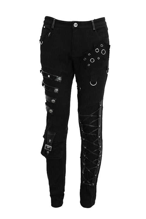Black Punk Heavy Metal Lace Up With Loops Mens Pants