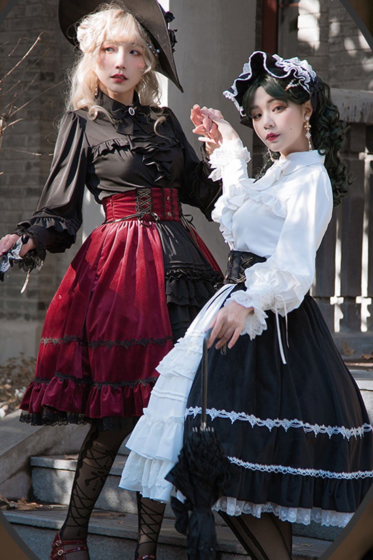 Black/Red Stitching Cardigan Ruffled Multi-Layer Gothic Lolita Skirt Dress
