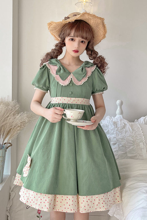 Green Peter Pan Collar Bowknot Short Sleeves Sweet Lolita OP Dress