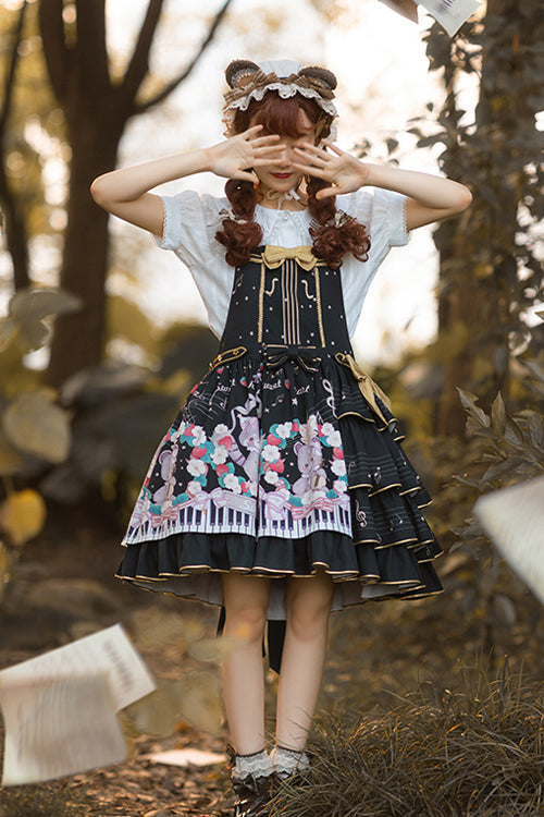 Black Multi-Layer Ruffled Note Bear Print Sweet Lolita JSK Dress