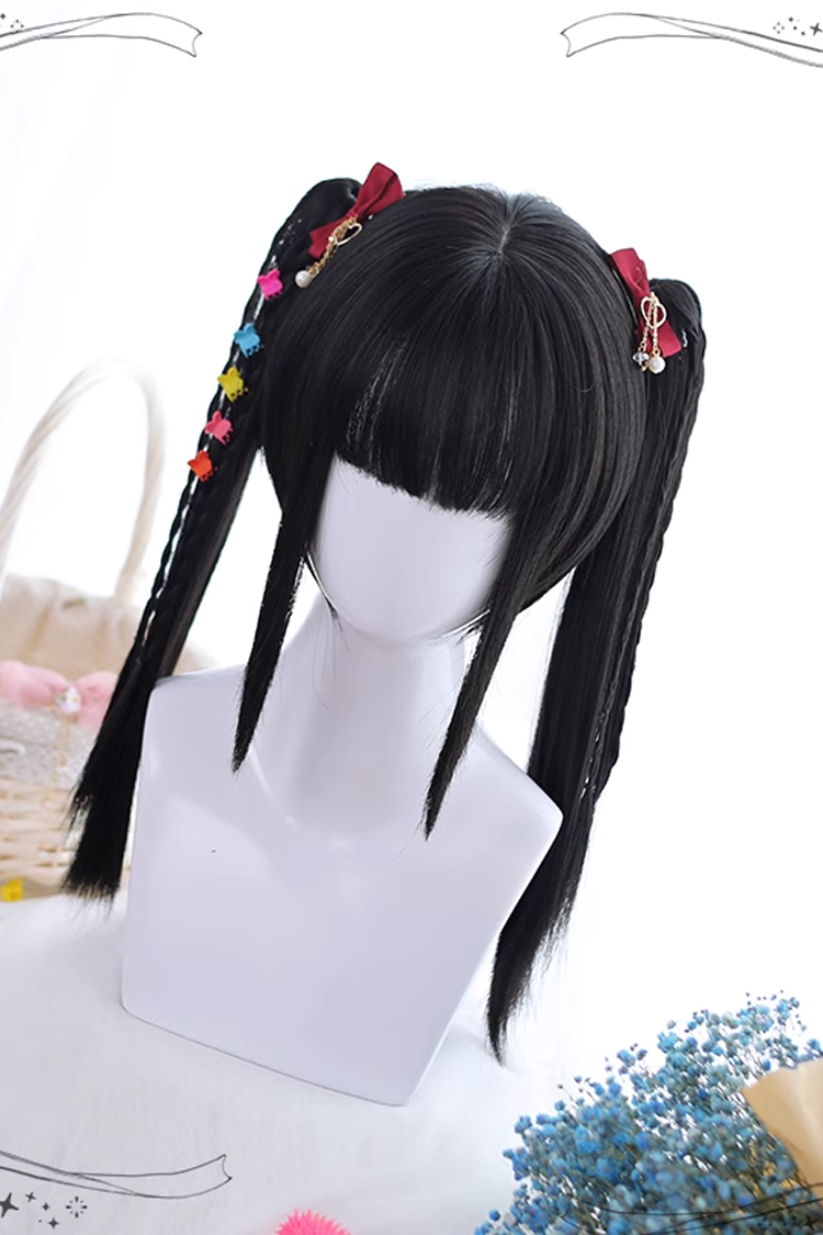 Black Natural Double Ponytail Short Hair Classic Lolita Wigs