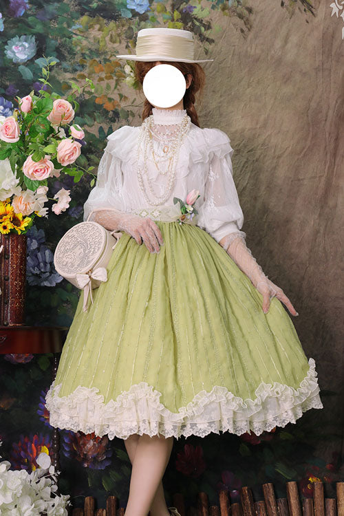 Green Elegant Vintage Tulip Multi-Layer Ruffled Classic Lolita Skirt Dress