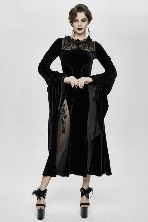Black Flocking Pattern Trumpet Sleeve Sexy Womens Gothic Fitted Velvet Dress