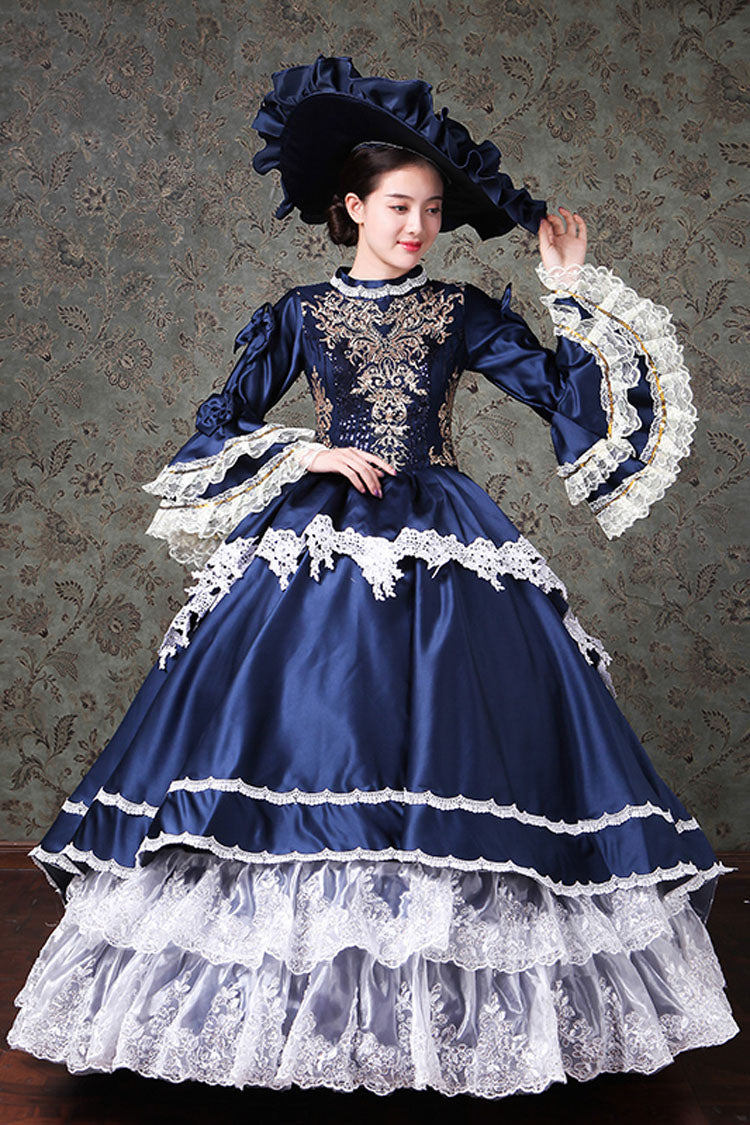 Multi-Layer Trumpet Sleeves High Waisted Lace Stitching Embroidery Print Victorian Lolita Prom Dress