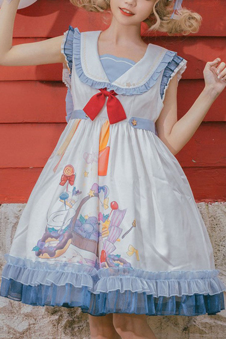 White/Blue Sailor Collar Delicious Food Print Ruffled Sweet Lolita Suspender Dress