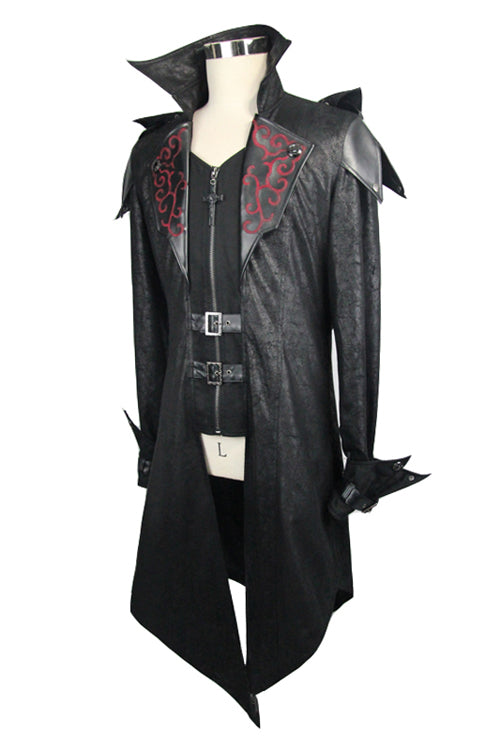 False Two Pieces Black Hooded Leather Long Mens Gothic Coats