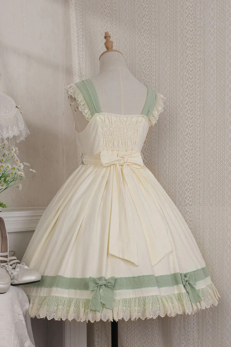 White/Green Country Style Daisy Poem Elegant Boat Neck High Waisted Sweet Lolita Jsk Dress