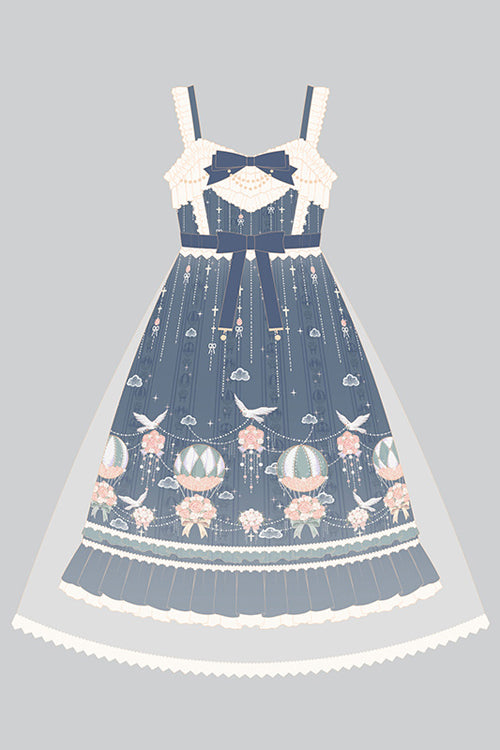 Blue Chiffon Flower Wedding Wearing Veil Princess Sweet Lolita JSK Dress