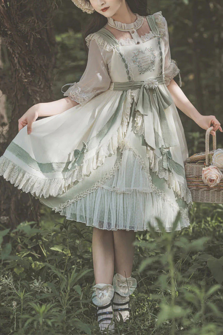 White/Green Country Style Daisy Poem Elegant Boat Neck High Waisted Sweet Lolita Jsk Dress
