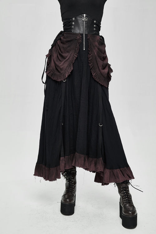 Burgundy Printed Drawstring Steampunk Womens Half Skirt