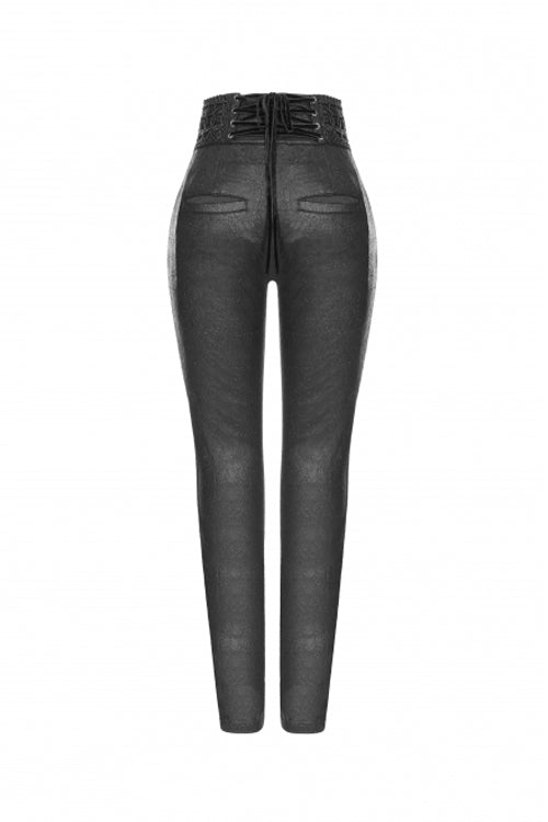 Black High Waist Flower Weaves The Ribbon Decoration Lace Up Gothic Jacquard Women's Pants
