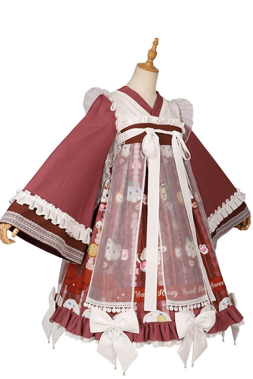 Dark Red Cat Print Chinese Style Bowknot Ruffled High Waisted Long Trumpet Sleeves Sweet Lolita OP Dress