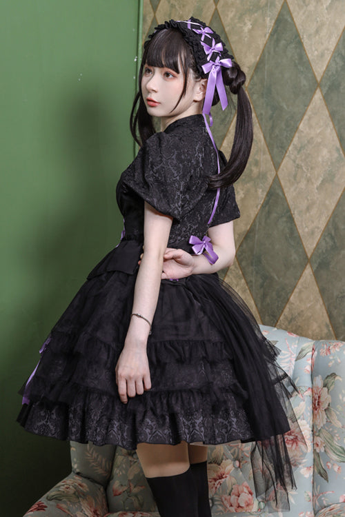 Stand Collar One Button Bubble Short Sleeve Lace Hem Sweet Lolita Dress