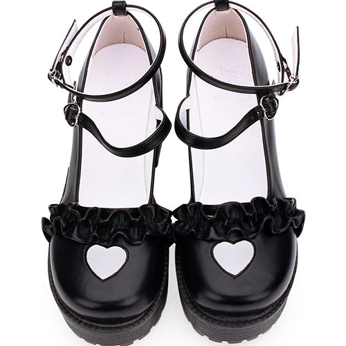 Round Toe Hollow Out Heart Shape Ruffle School Sweet Lolita Shoes