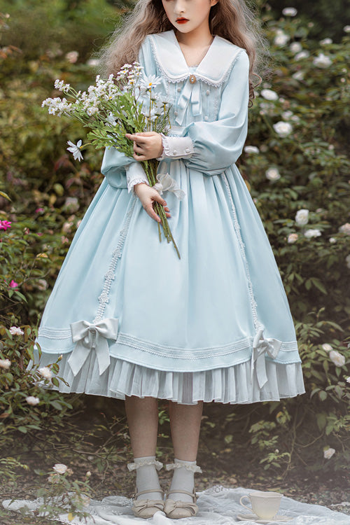Blue Doll Collar Bowknot Long Sleeves High Waisted Ruffled Sweet Lolita OP Dress