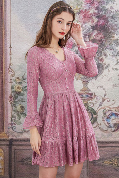 Pink Lace V Collar Pleated Trumpet Sleeves High Waisted Sweet Lolita OP Dress