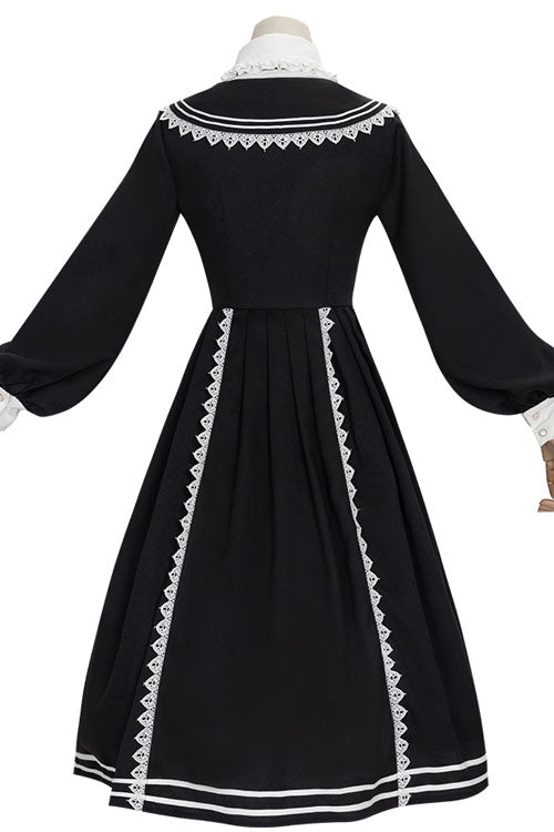 ブラックのエレガントなちょう結び長袖カレッジスタイルのゴシックロリータドレス