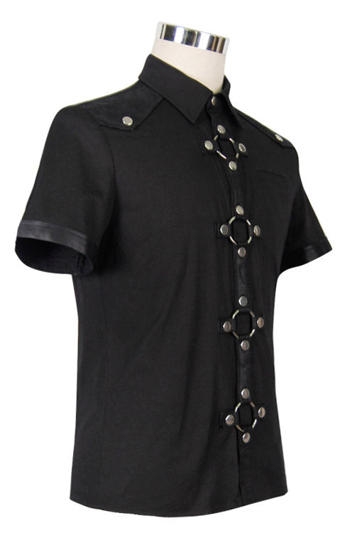 Black Locomotive Lapel Collar Short Sleeves Cotton Mens Punk Blouse