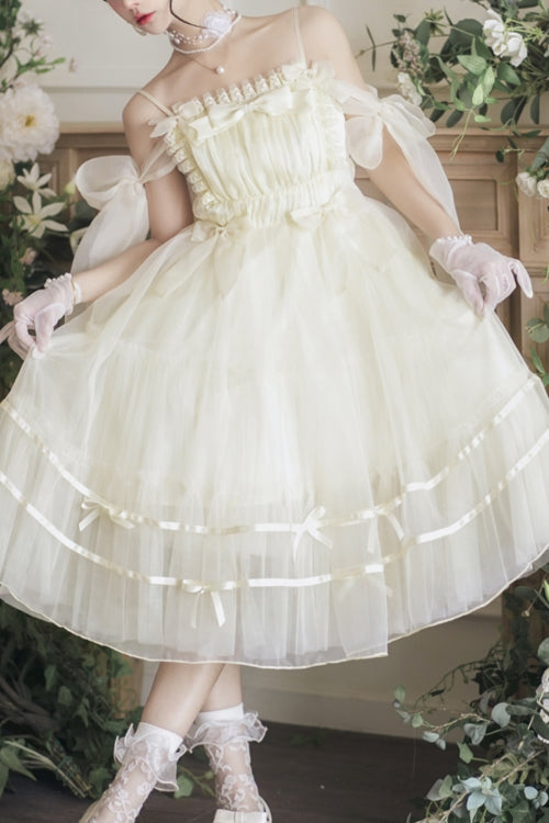 Beige Small Ballet High Waisted Bowknot Chiffon Long Version Sweet Lolita JSK Dress