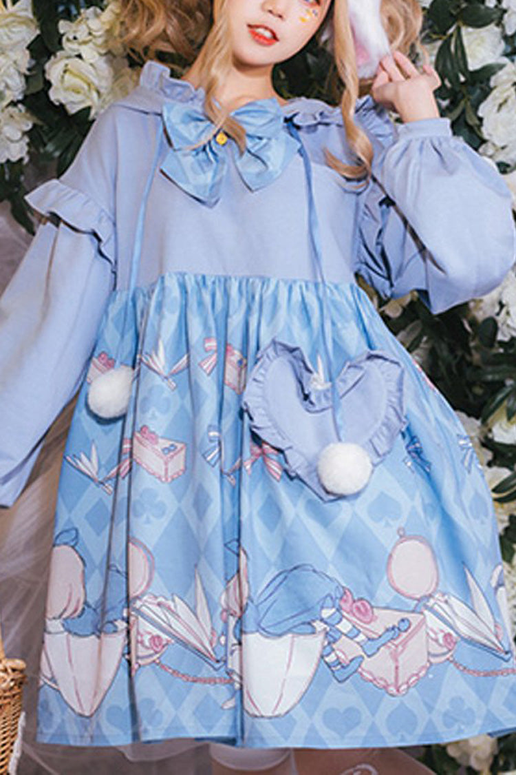 Blue Lantern Long Sleeves Alice Rabbit Print Hooded Cute Sweet Lolita OP Dress