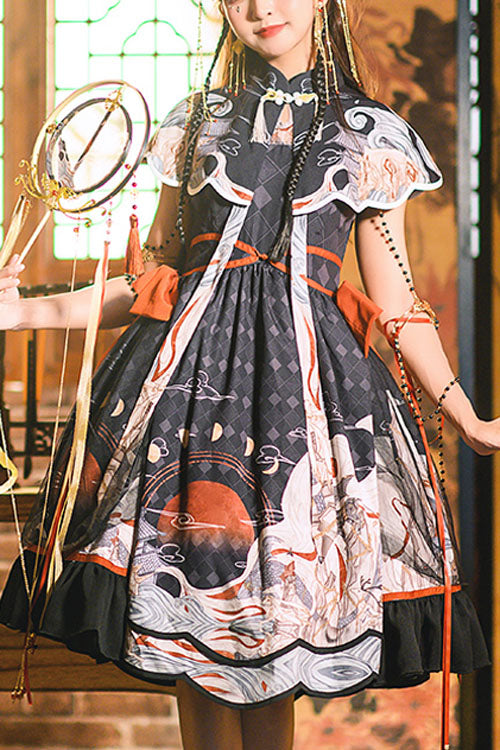 Black Chinese Style Chang'e Flying To The Moon Print Ruffled Classic Lolita OP Dress