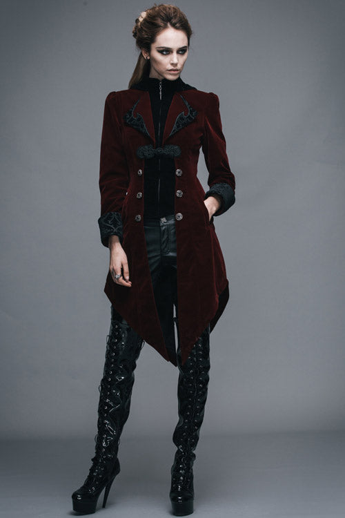 Red Embroidered High Collar Party Womens Gothic Coat