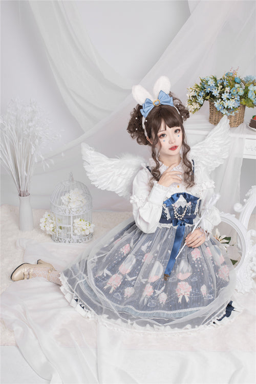 Blue Chiffon Flower Wedding Wearing Veil Princess Sweet Lolita JSK Dress