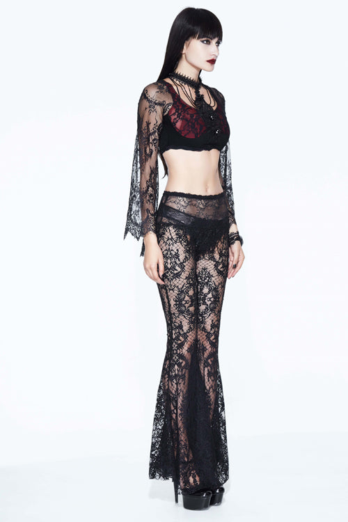 Black Sexy Transparent Lace Bellbottoms With Bead Chain Womens Pants