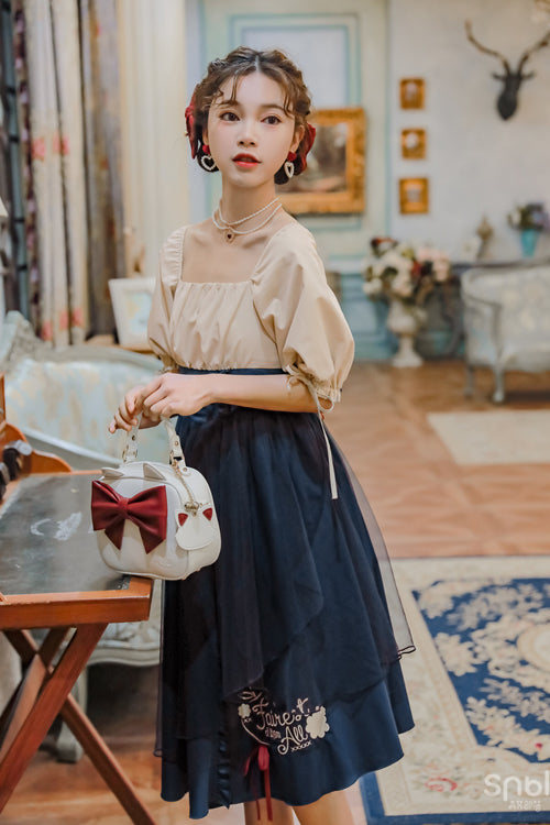 Blue Square Collar Bubble Short Sleeves High Waisted <Runaway Snow White> Sweet Lolita OP Dress