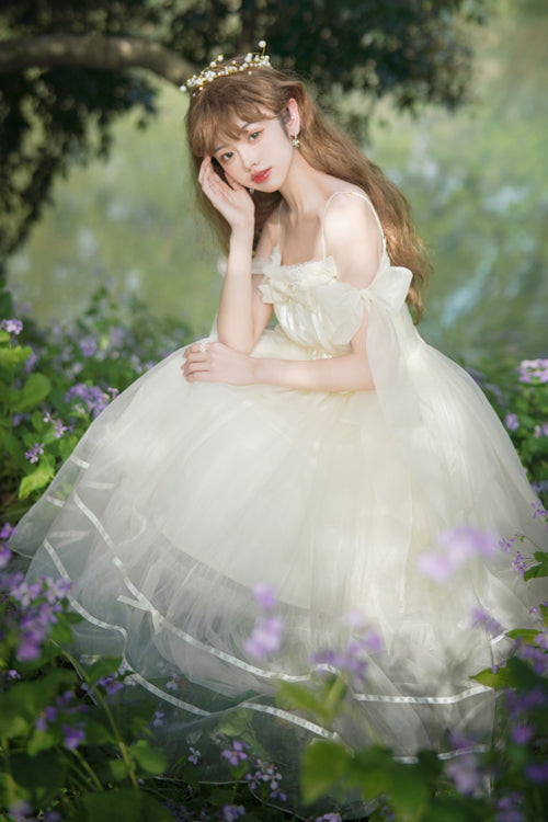 Beige Small Ballet High Waisted Bowknot Chiffon Long Version Sweet Lolita JSK Dress