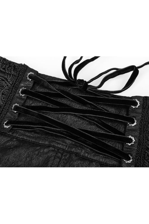 ブラックハイウエストフラワー織りリボン装飾レースアップゴシックジャカードレディースパンツ