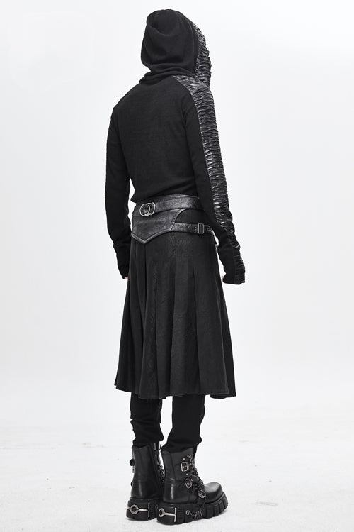 Black Punk Metallic Mist Textured Leather Waistband Grain Pleated Mens Kilts