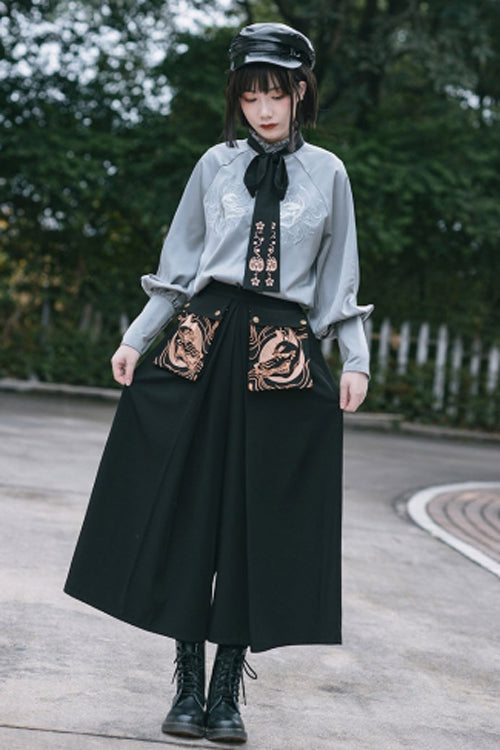 Black Mysterious Demons Embroidered Ouji Lolita Wide Leg Trousers