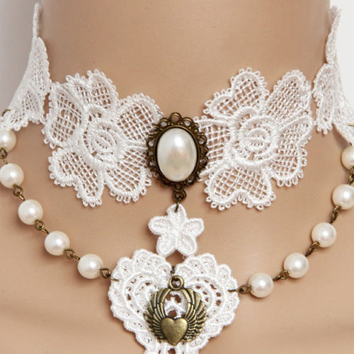 White Vintage Baroque Bride Bridesmaid Pearl Love Lace Flower Wings Lolita Necklace