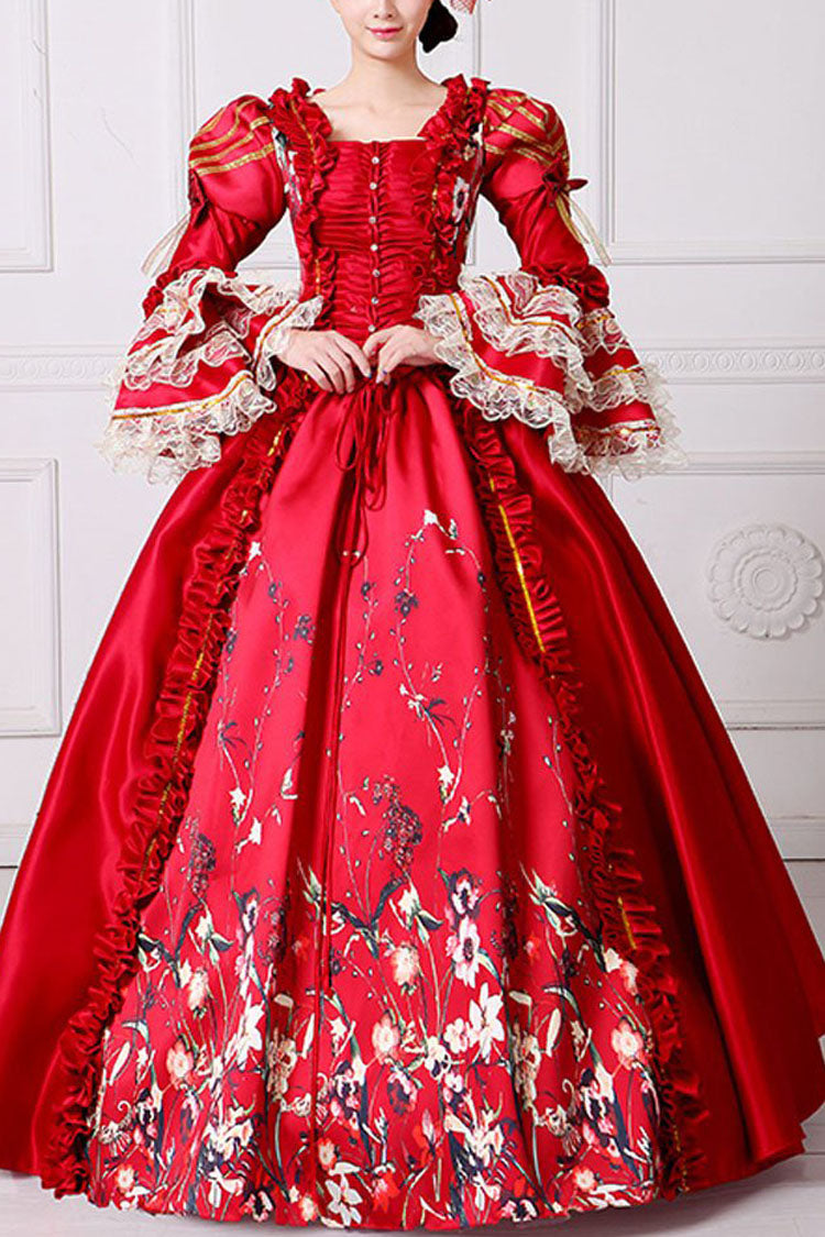 Half Sleeves Multi-Layer Trumpet Sleeves High Waisted Floral Print Victorian Lolita Prom Dress